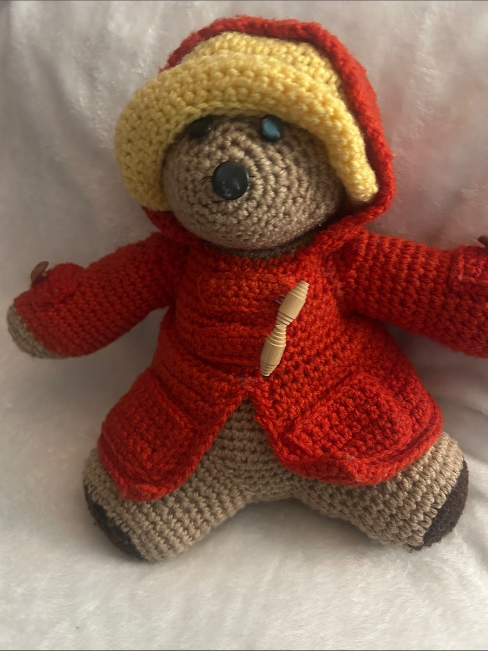 Handmade Crochet Bear in Red Coat with Yellow Hood - Plush Kids Toy